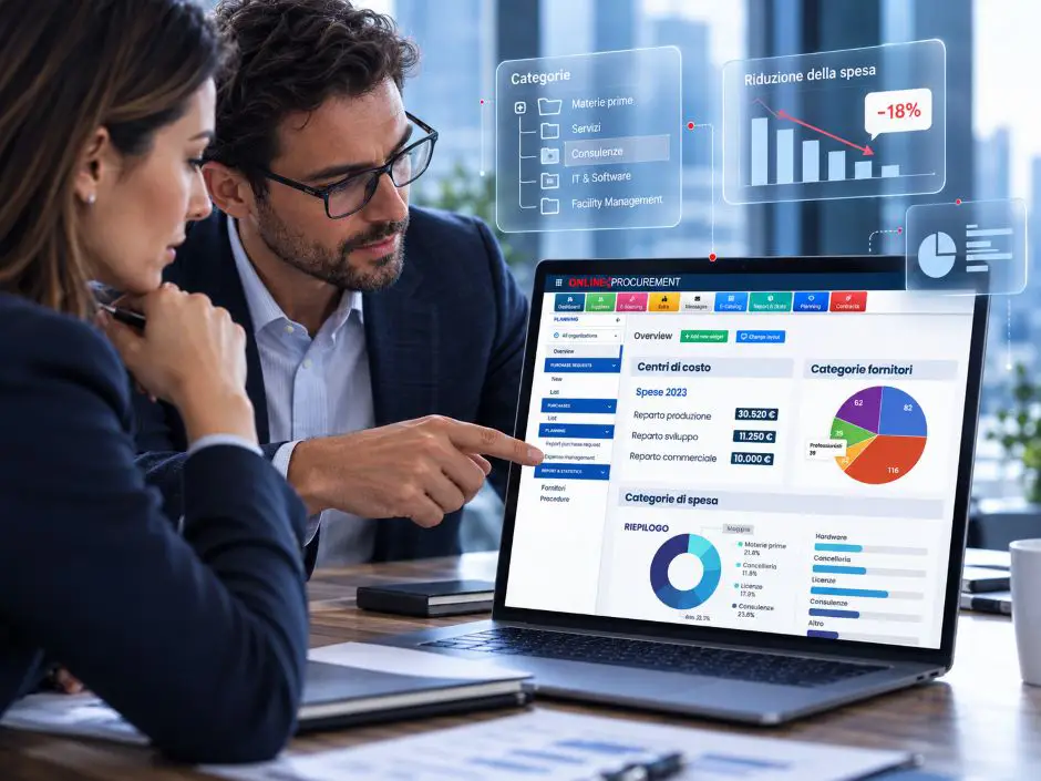 Responsabili acquisti analizzano in Online Procurement le categorie merceologiche per la valutazione dei fornitori